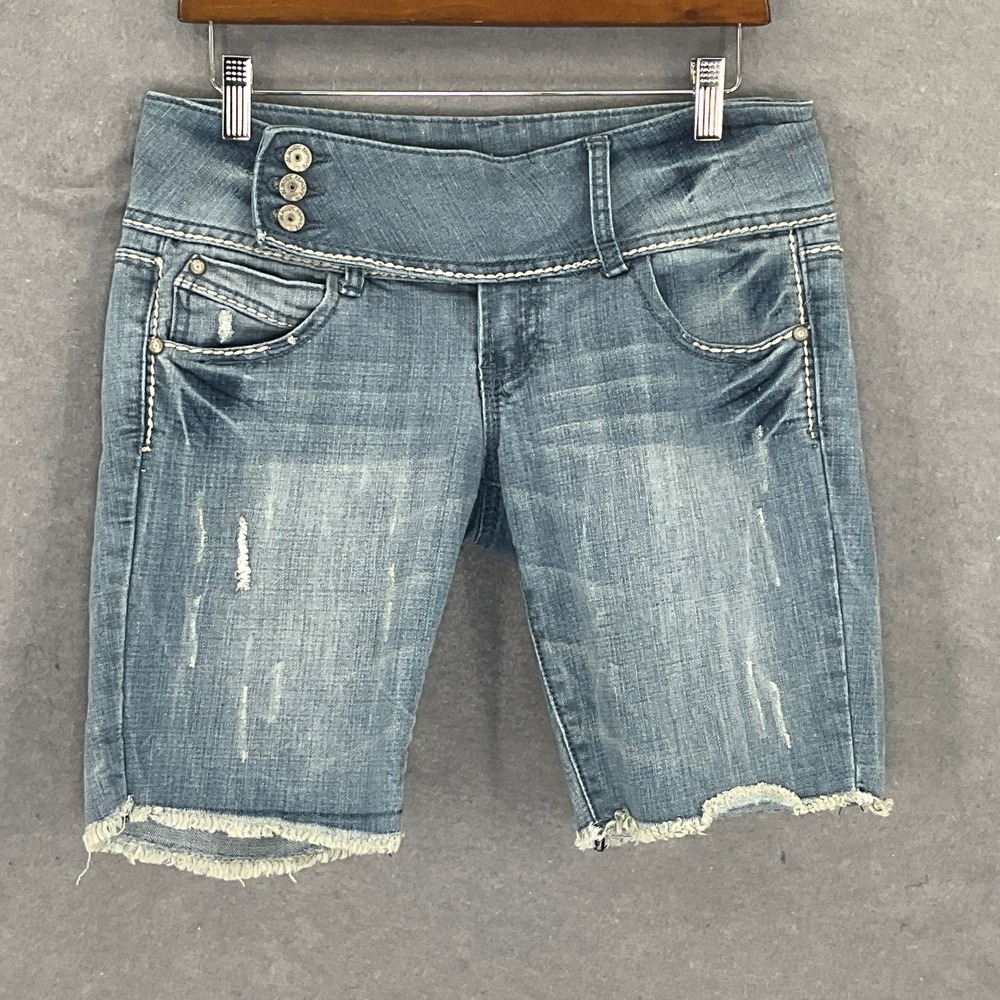 Almost Famous Women's Bermuda Jean Shorts Size 11‎ Distressed Denim Frayed Hem